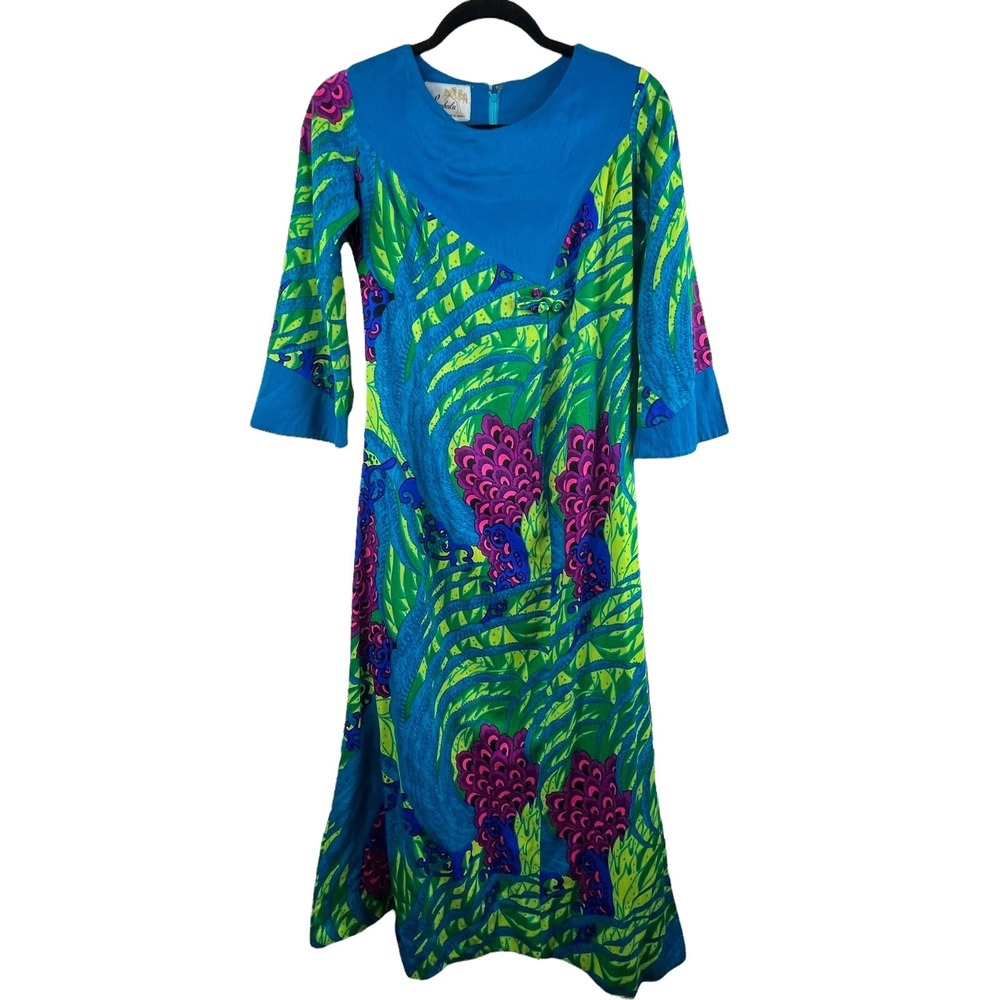 Vintage Lauhala Floral Blue Green Hawaiian Maxi Tiki 60s Dress 3/4 Sleeve Size 6